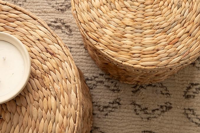 Kate and Laurel Halm Modern Woven Rattan Round Storage Side Tables, Set of 2, 20 x 17 and 16 x 14, Natural Rattan, Lift-Top End Tables for Use as Hidden Storage Baskets or Small Ottoman Tables
