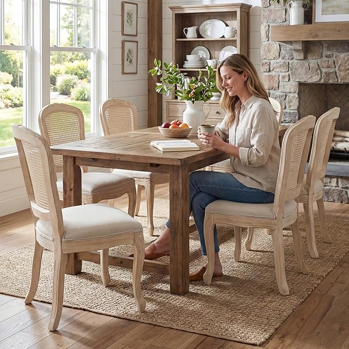 Wicker Dining Chairs Set of 2, Upholstered Linen Fabric Dining Room Chairs with Square High Rattan Back Farmhouse French Kitchen Chairs for Dining Table/Living Room/Restaurant, White
