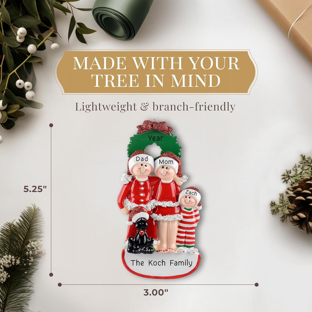 Personalized Family of 3 with Dog Ornament 2025 | Free 24h Customization | Christmas Ornaments for Tree | Custom Gift Wrapped Black Pet Keepsake for Dog-Lovers