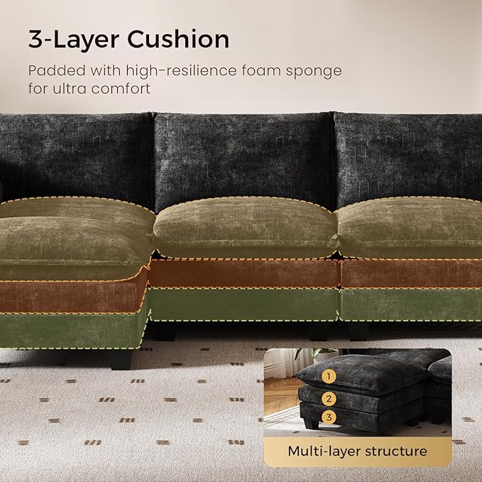KKL Modular Sectional Sofa, L-Shaped 4 Seater Cloud Couch with Ottoman, Chenille Modern Sectional Couches for Living Room, Apartment, Black