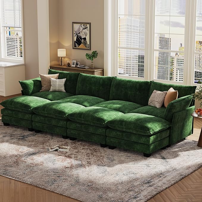 KKL 120" Huge Modular Sectional Sofa Bed, 8 Seater Convertible J/L/U-Shaped Sleeper Cloud Couch with Ottoman, Chenille Sectional Couches for Living Room, Apartment, Green