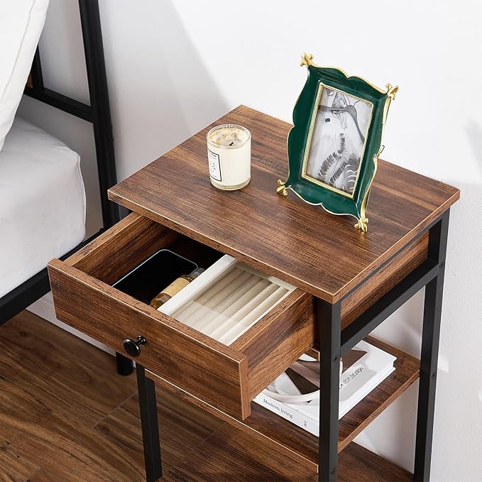VECELO 27.5" Tall End Tables, Nightstands with Adjustable Shelf and Bin Drawer for Living Room/Bedroom,Set of 2