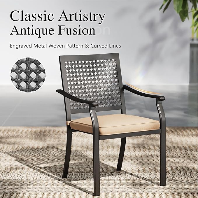PHI VILLA Metal Outdoor Dining Chairs Set of 4 - Stackable Black Patio Chairs, 300lb Capacity (Beehive)