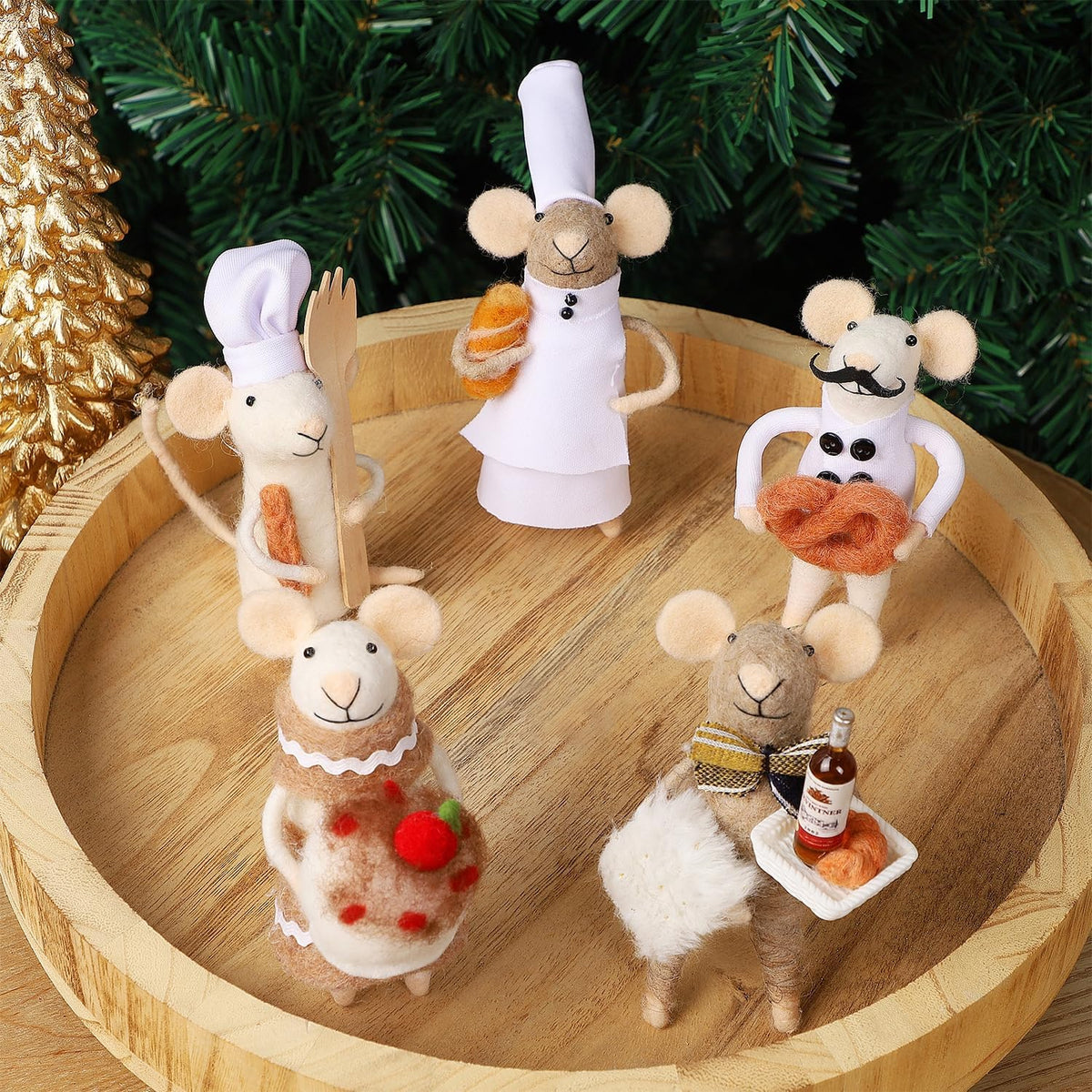 Set of 5 Christmas Felt Mice Ornaments, 4.7" Mini Hanging Wool Chef Mouse Figurines, Tiered Tray Tabletop Decor, Animal Crafts Cute Xmas Tree Festival Holiday Easter Gifts Home Office Party Supply
