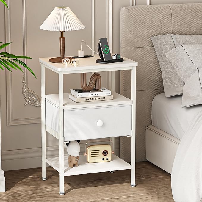 VECELO Night Stand Set 2, Nightstand with Charging Station, End Tables with Open Storage Shelf, Bed Side Tables with Fabric Drawers for Bedroom,Living Room,Elegant White