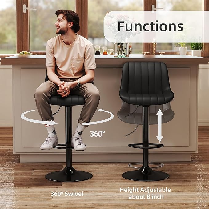 Youhauchair Bar Stools Set of 2, Swivel Counter Height Barstools with Back, Adjustable PU Leather Bar Chairs, Modern Armless Kitchen Island Stool, Black