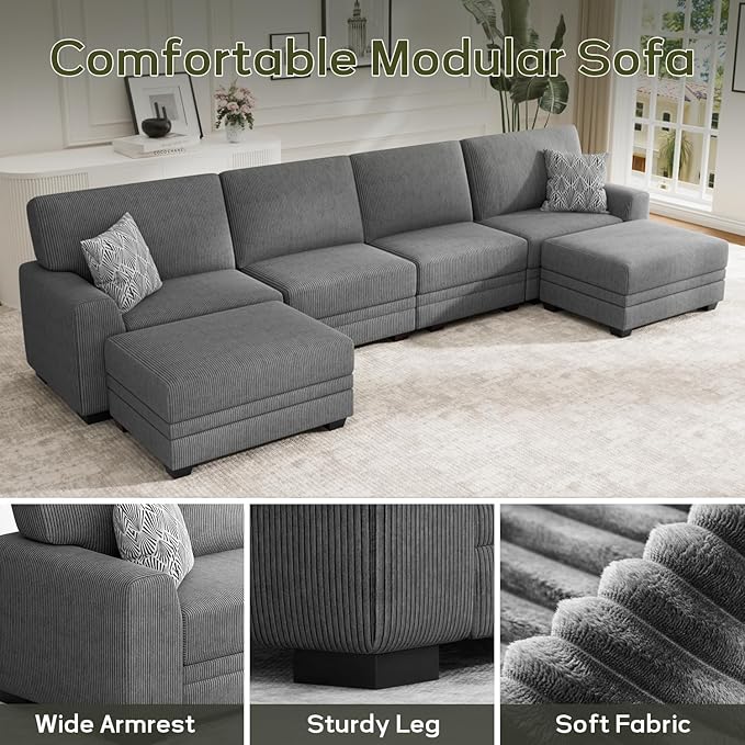 Wanderwell Oversized Modular Sectional Sofa, 6-Seater U Shaped Couches with Movable Ottoman,Corduroy Sectional Couch with Wide and Deep Seats Suitable for Living Room,Bedroom,Apartment (Grey, U-6)