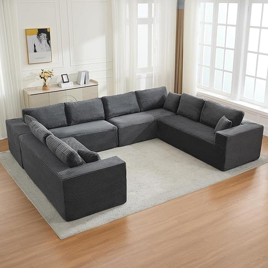 Modular Sectional Cloud Couch for Living Room,Modern Boneless Couche Set with Plush Corduroy,Comfy Floor Sofa with Memory Foam,Stupendous U Shaped Sofa,No Assembly Required,Grey