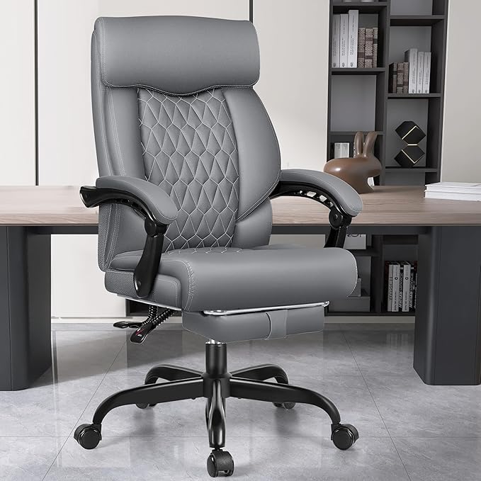 Big and Tall Reclining Executive Leather Office Desk Chair with Footrest and Lumbar Support