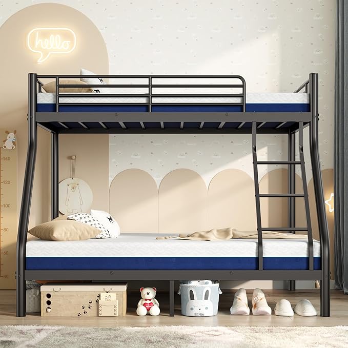 Bunk Beds Twin Over Full Size with 6" Mattresses Included, All-in-One Bunk Bed for Kids/Adults, Heavy Duty Sturdy Frame with Ladder Guardrail, With Memory Foam Mattress, Easy Assembly（Black）