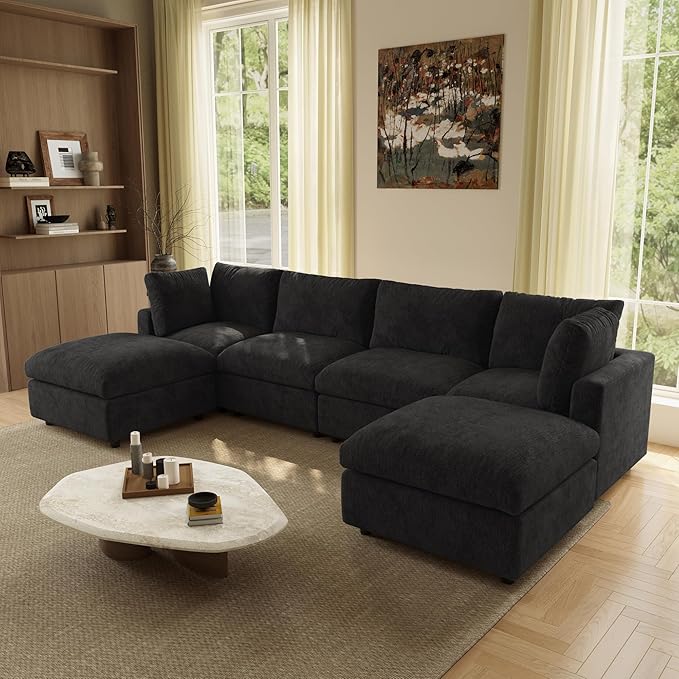 WJShome U Shaped Sectional Couch 134 Inch 4-Seater Modern Modular Sofa with 2 Ottoman,Chenille Deep Seat Couches for Living Room, Bedroom and Apartment，Black
