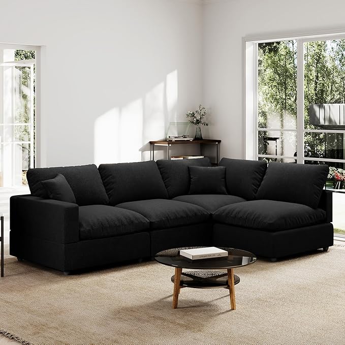 Modern Sectional Linen Couch for Living Room,4 Seat Modular Cloud Sofas,Detachable Couch Cushion Covers,Cozy Feather Down Sofa for Apartment Black