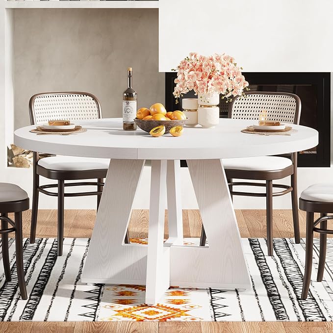 Tribesigns Round Dining Table for 4, 47 inch Farmhouse Circle Kitchen Table with Wooden Pedestal Base for Kitchen, Dining Room, Living Room (White)
