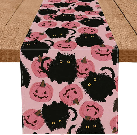 Halloween Table Runner Black Cat Pink Pumpkins Seasonal Kitchen Dining Table Home Outdoor Party Decorations 13x36 Inch