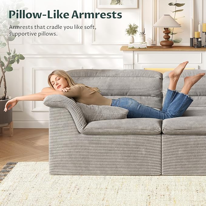 88" Sofa with Deep Seats Oversize, 3 Seater Cloud Couches, Upholstered Corduroy Couch for Living Room Bedroom, No Assembly Required, Light Gray