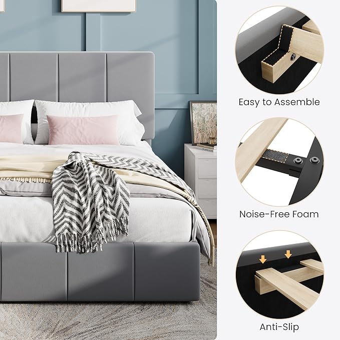SHA CERLIN Queen Bed Frame, Velvet Upholstered Platform Bed, Vertical Channel Tufted Adjustable Headboard, Low Profile Bed Frame, No Box Spring Needed, Easy Assembly, Grey