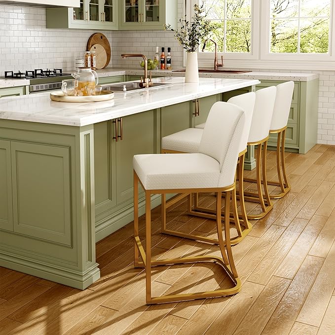 MAISON ARTS Off White 24 Inch Bar Stool with Back for Kitchen Counter, Metal Frame, Faux Leather Seat, Stain & Scratch Resistant, Easy Assemble, Max Load 330 lbs