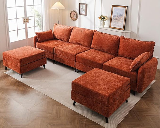 135'' Modular Sectional Sofa with All Seats Storage, Oversized U Shaped Couch for Living Room,4-Seater Comfy Cloud Couch with Movable Ottoman,Big Sectional for Bedroom,Velet,Orange