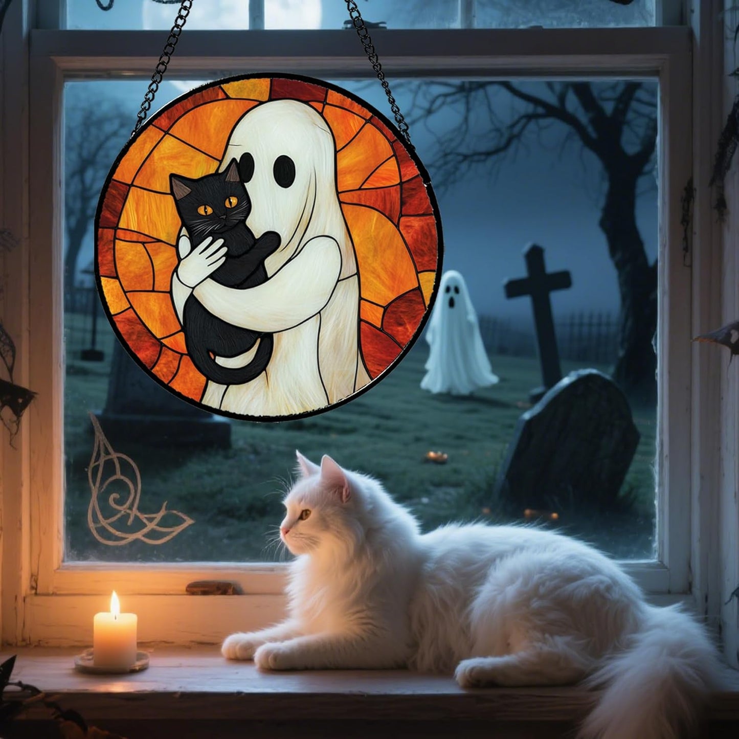 Stained Glass Window Hanging - Halloween Decorations White Ghost Black Cat Suncatcher for Doors Garden Spooky Funny Orange Sun Catchers Gothic Decor Horror Gifts for Women Men Friend 9.8 in
