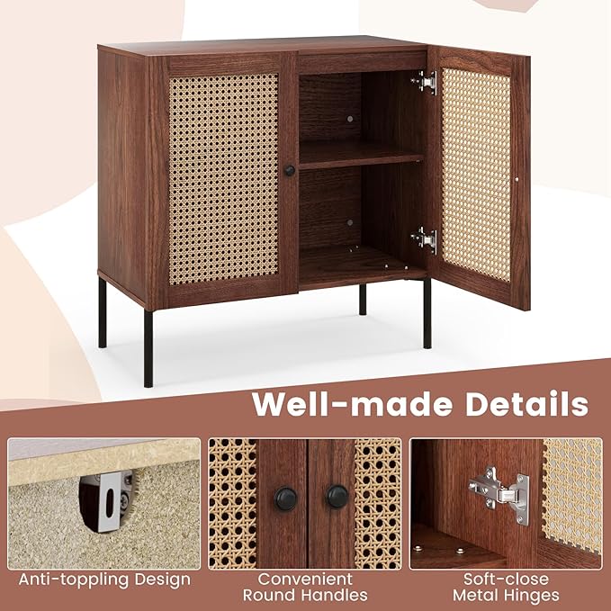 COSTWAY Buffet Cabinet with Storage, Storage Sideboard with Rattan Decorated Doors, Adjustable Shelf, Metal Legs, Accent Cabinet, Buffet Table Credenza for Hallway, Entryway, Living Room (2, Walnut)