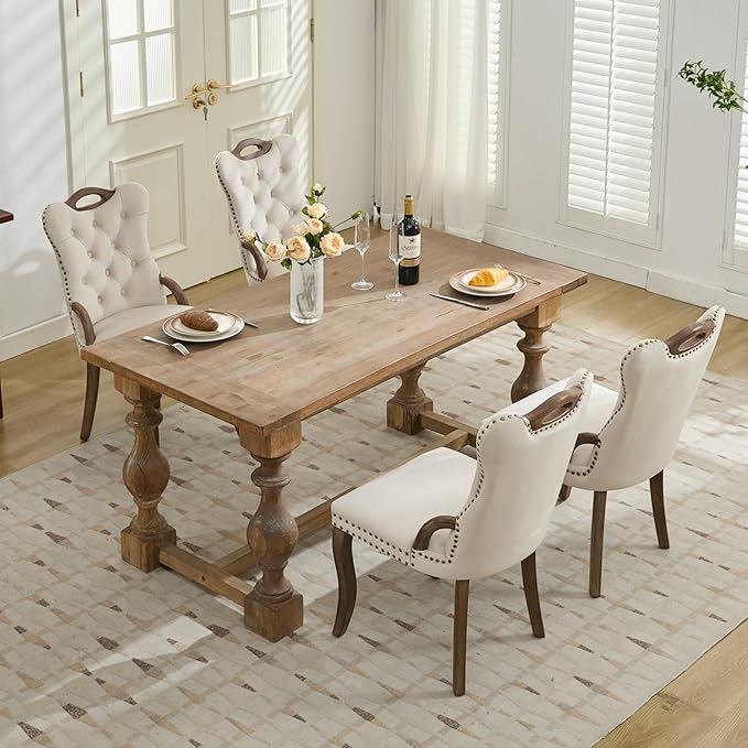 Velvet Dining Chairs Set of 4, Solid Wood Handles, Wooden Upholstered Dining Chair, Vintage Copper Nail Decoration, Mid Century Modern Kitchen Chair (Beige, Set of 4)