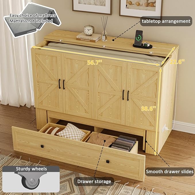 Full Size Murphy Bed with Charging Station, Wall-Mounted Hideaway Bed with Foldable Panel for Home Office, Small Rooms, Guest Bedrooms, Living Rooms, Natural