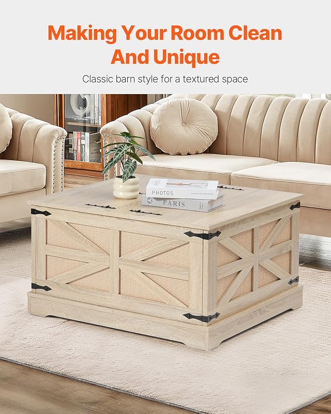 VEVOR Rattan Coffee Table, Rectangle PE Rattan Woven Wood Coffee Table with MDF Top, 32-Inch Modern Boho Style Storage Table with Retro Metal Hinges, for Living Room, Bedroom & Small Spaces