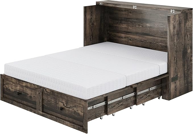 Queen Murphy Bed with 6" White Tri-Fold Memory Foam Mattress, Storage Drawer & Charging Station, Space-Saving Design for Home Office or Guest Room, Black Oak