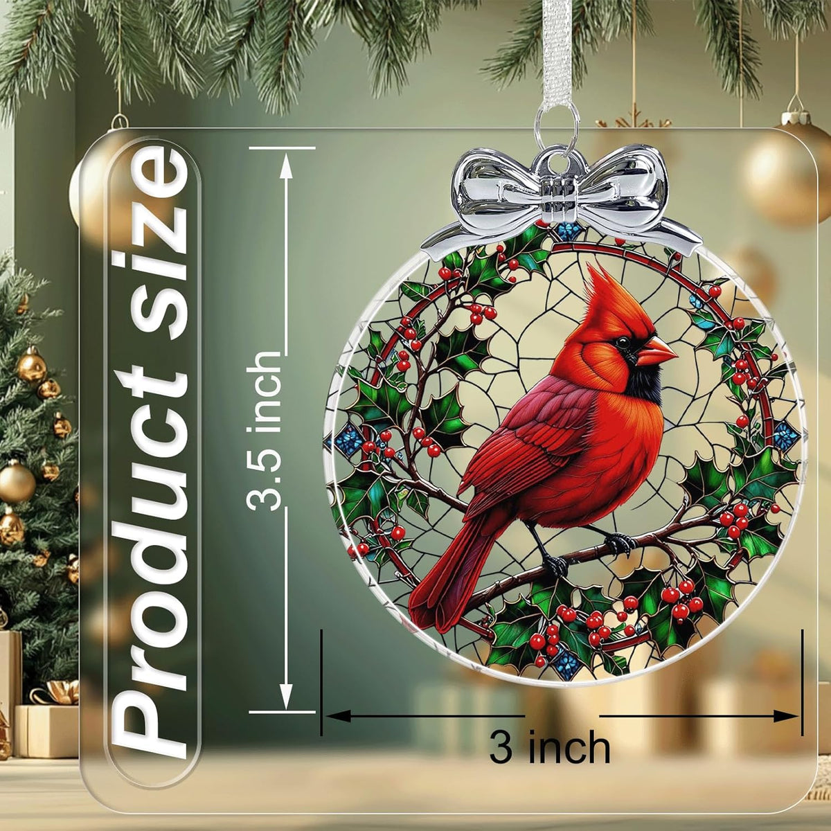 Cardinal Stained Glass Christmas Ornament - Hanging Ornaments for Christmas Tree Decorations - Red Cardinal Memorial Gifts for Loss of Loved One