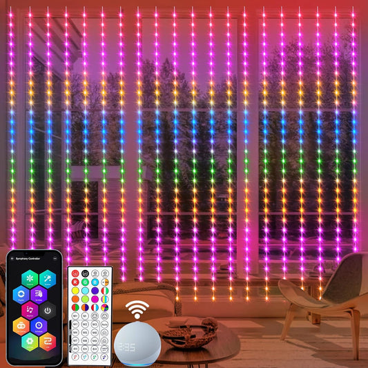 echosari Smart 600 LED Curtain Lights, 20Ft x 10Ft, Compatible with Alexa, App Control, DIY Fairy Lights, Dynamic for Backyard, Home, Wedding, Party Decor - RGB Color Changing IC
