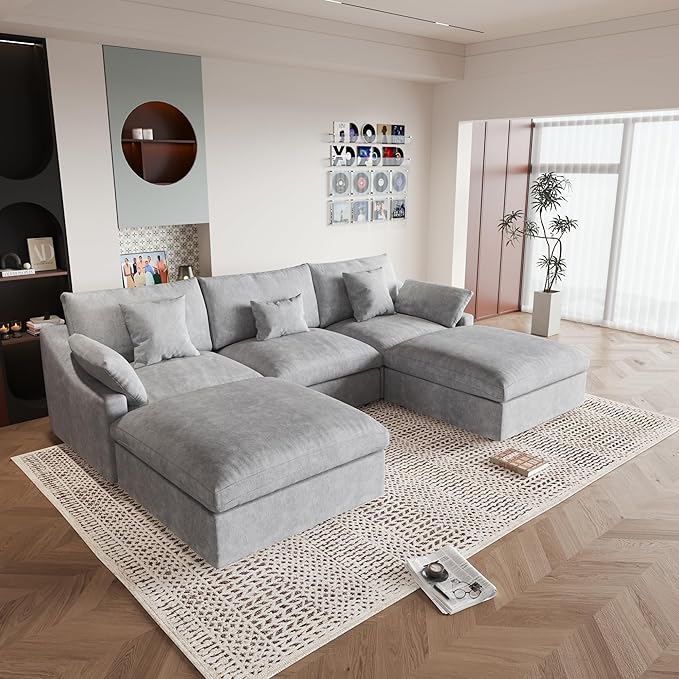 JACH U Shaped Sectional Couches, Cloud Sectional Couch with Deep Seat, 119" Down Filled Modular Sofa with Chaise, Covers Removeable & Washable, Sofas Furniture for Living Room, Light Grey