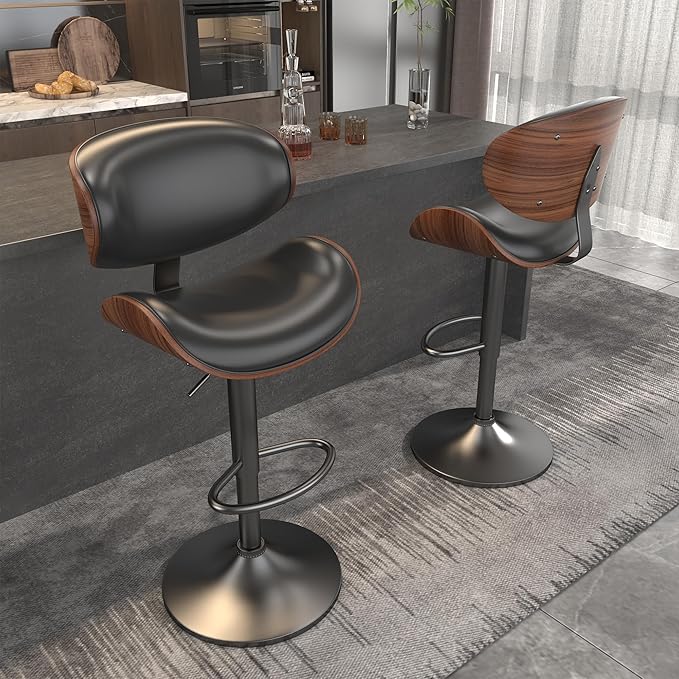Bar Stools Set of 2, Bar Stools for Kitchen Island with Bentwood Back and Leather Seat, Swivel Barstools for Kitchen Counter, Bar, Black