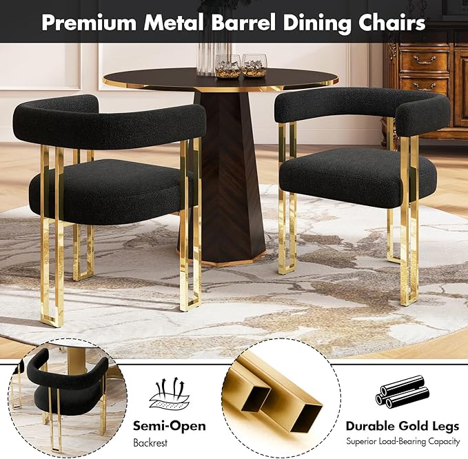 Set of 6 Modern Black Boucle Dining Chairs with Gold Metal Legs, Mid Century Accent Upholstered Barrel Armchairs with Open-Back for Kitchen, Dining Room, Living Room, Apartment