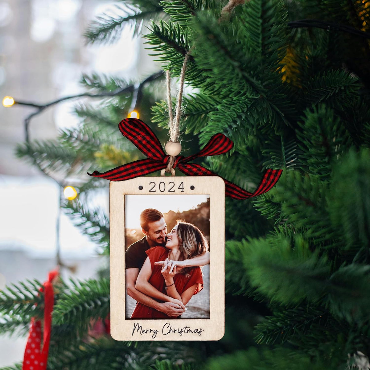 Christmas Photo Frame Ornament, 2024 Ornament, Wooden Picture Frame Ornaments With Hanging String (Merry Christmas (Portrait))