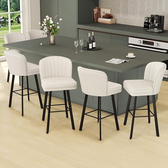 Swivel Counter Height Bar Stools Set of 4, 30'' Modern Barstools with Backs and Metal Legs, Upholstered Bar Chairs, Beige, Fabric Stools for Kitchen Island Chairs