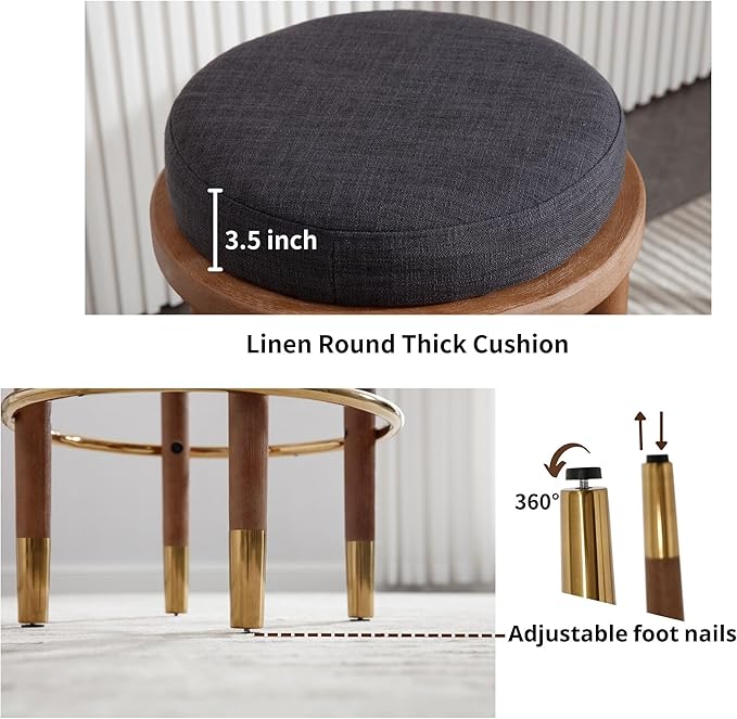 26’’ Rustic Backless Bar Stools with Hardwood Legs, Counter Height Stools Set of 4, Round Kitchen Barstools for Kitchen Island, Farmhouse Charcoal Linen Upholstered Wooden Stools with Footrest