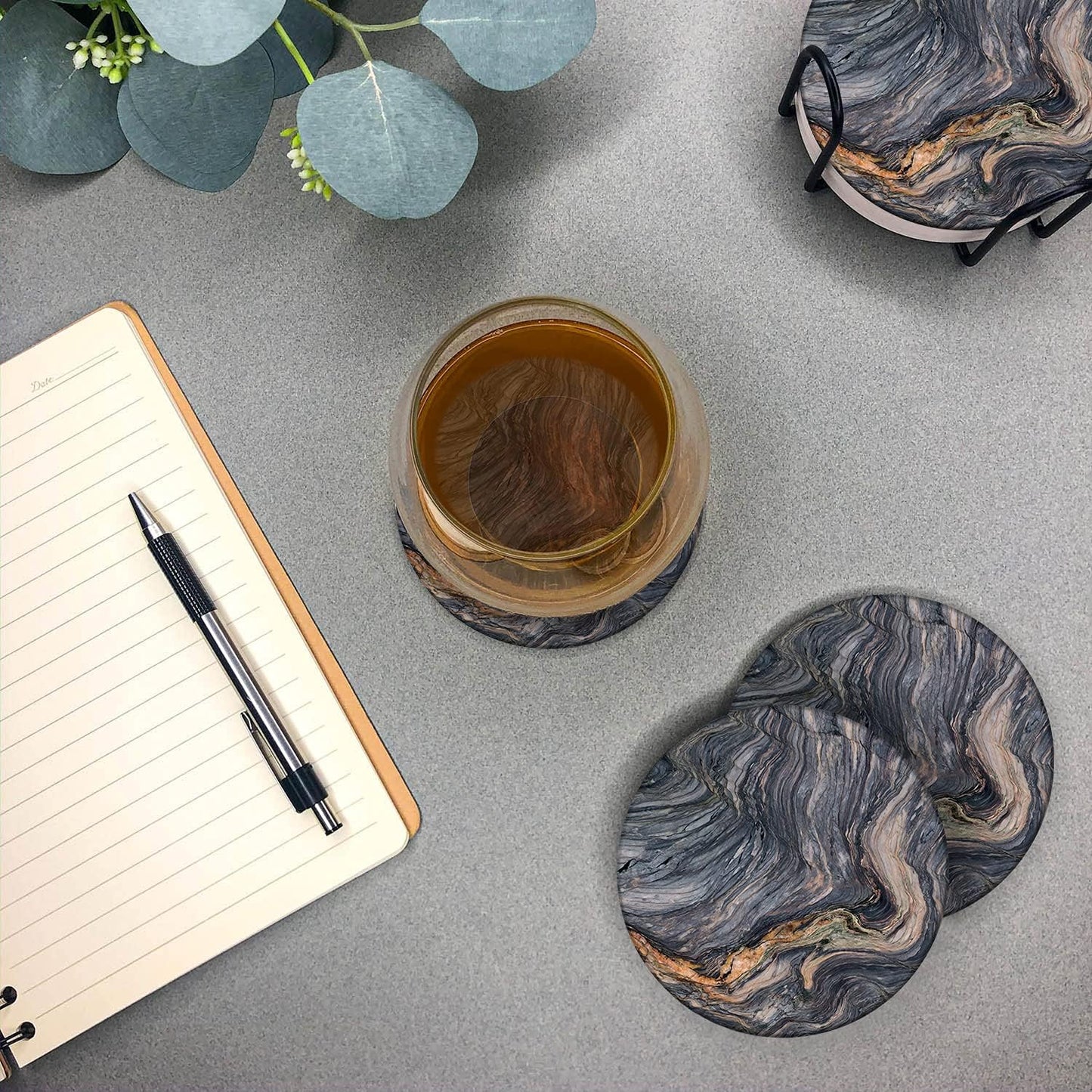 Emerson Coasters for Drinks Absorbent – Natural Stone Drink Coasters Set with Holder, Coasters for Coffee Table, Wooden Tabletop Protection Marble Style – 100% Heavy Duty Set of 6 (Magma)