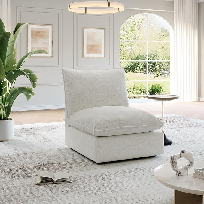 Cloud Middle Sectional, Waterproof Down Filled Sectional Sofa, High Backrest Modular Sectional Couches for Living Room, Modern Modular Couch with Removable Cover, Cream White