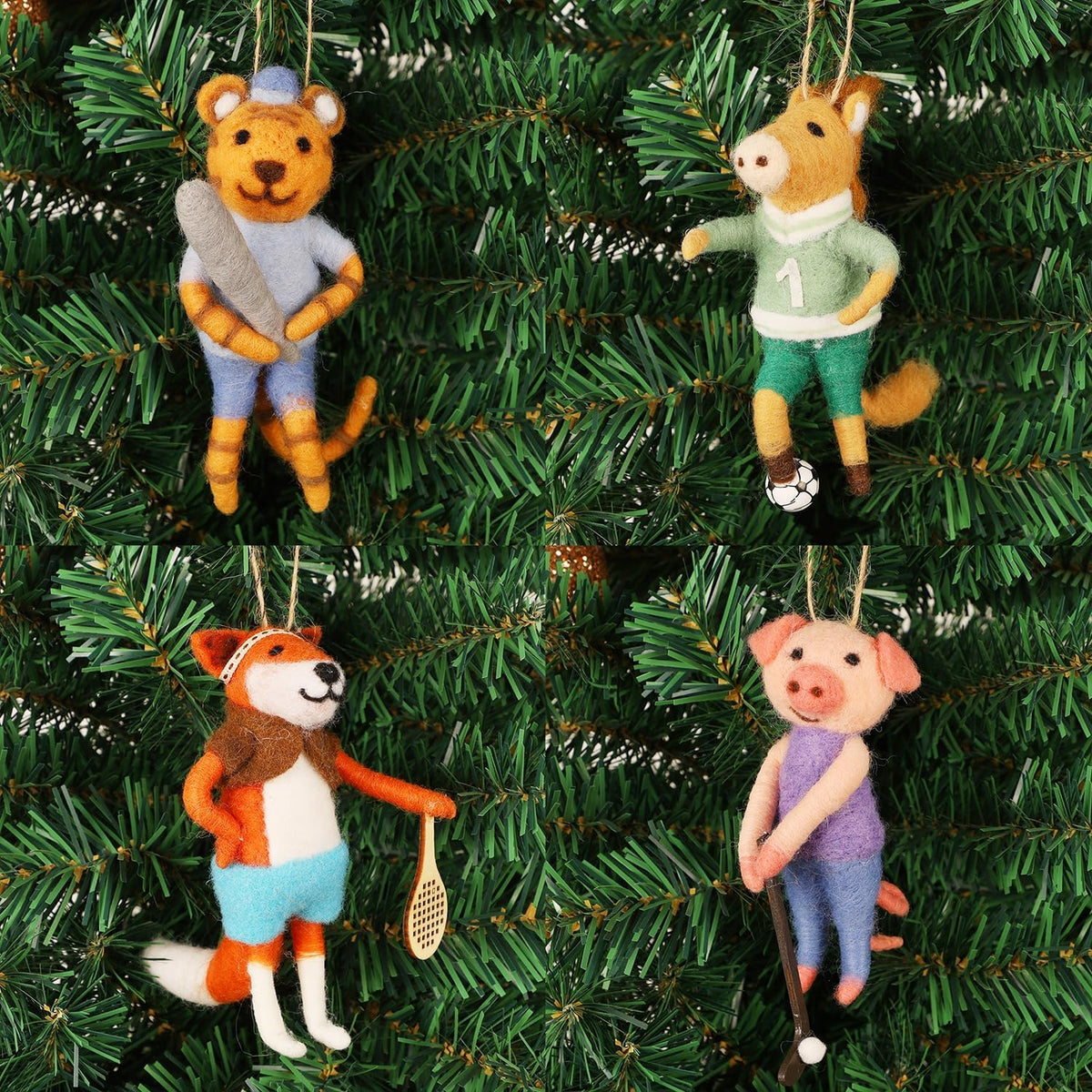 Set of 4 Christmas Felt Animal Athletes Ornaments, 5" Mini Hanging Wool Player Figurines, Tiered Tray Tabletop Decor, Animal Crafts Xmas Tree Festival Holiday Easter Gifts Home Office Party Supply