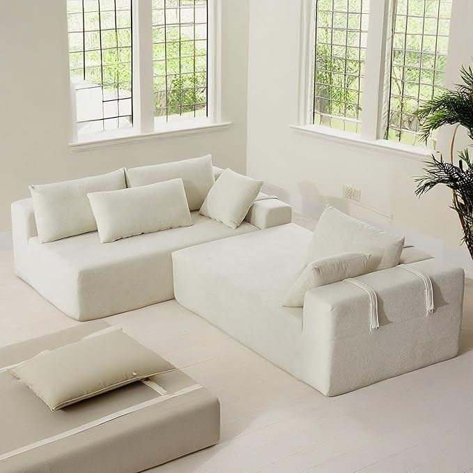 108" Modular Sectional Couch Sofa with L-Shape Chaise, Modern Cloud Comfy Sofa with Deep Seat, Upholstered Couches for Living Room Bedroom, No Assembly Required (Beige Left Facing Chaise)