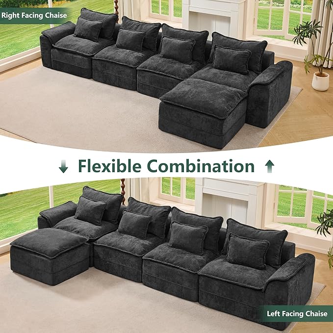 Hobestluk Cloud Modular Sectional Couch 4-Seater Sofa with Ottoman L Shaped Couch Deep Seat Sofa with Removable Cover Large Sofa for Living Room (Dark Grey, 4-Seater Sofa with One Ottoman)