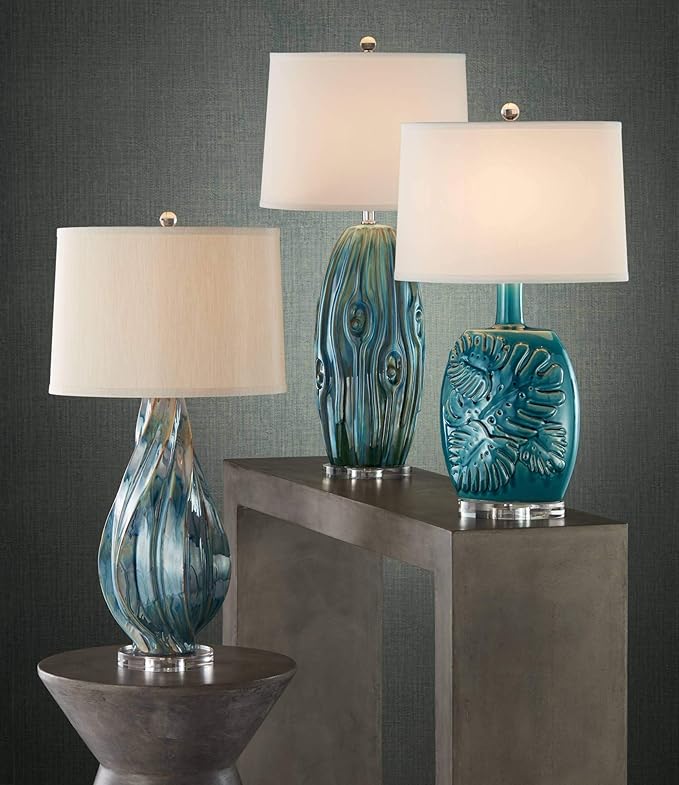 Possini Euro Design Teresa Modern Coastal Table Lamp 31" Tall Teal Blue Drip Ceramic Beige Fabric Drum Shade Decor for Bedroom Living Room House Bedside Nightstand Home Office Entryway Family