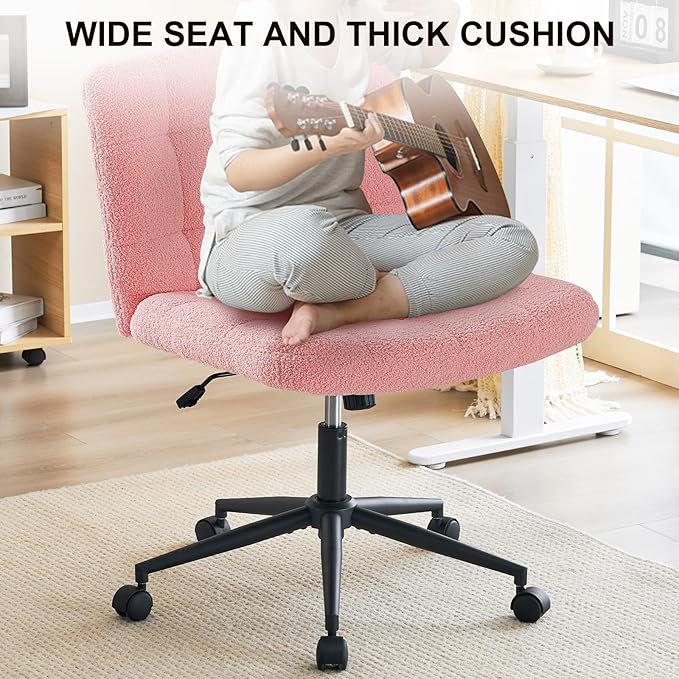 Furnimart Swivel Criss Cross Legged Chair with Wheels for Home Office, Wide Armless Desk Chair Height Adjustable Comfy Seat for Desk,Vanity, Bedroom, Faux Fur Pink