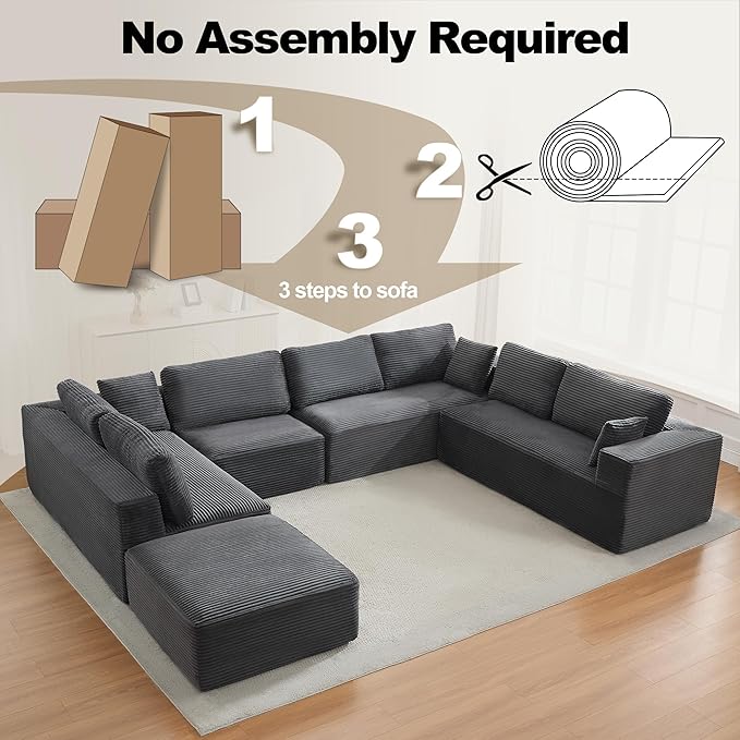 Modular Sectional Cloud Couch for Living Room,Modern Boneless Couche Set with Plush Corduroy,Comfy Floor Sofa with Memory Foam,Stupendous U Shaped Sofa with Chaise,No Assembly Required,Grey