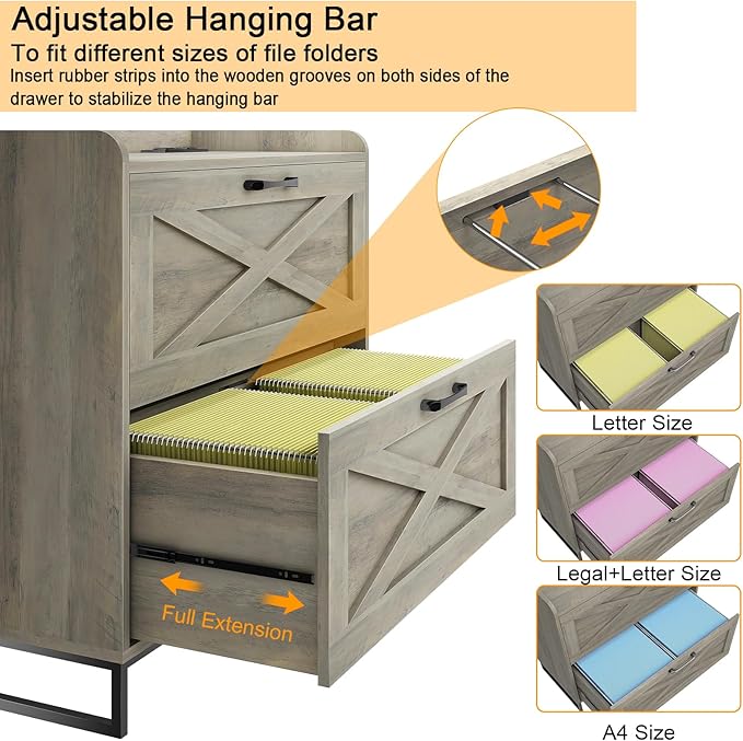 File Cabinet 2 Drawers, Lateral File Cabinet with Charging Station for Letter/Legal/A4 Size Hanging Files, Large Wood File Storage Cabinets Printer Stand for Home Office, Washed Gray