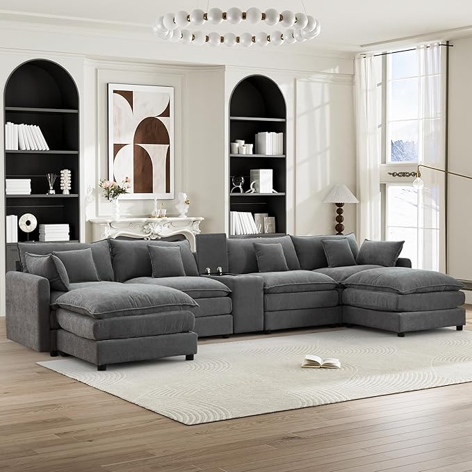 HYJT-H&K 145" U Shaped Cloud Couch Modular Gray Sectional Couches for Living Room, Comfy Fluffy Chenille Oversized Cloud Sectional Couch Large 6 Seat Sectionals Sofa Set Central Console USB Port