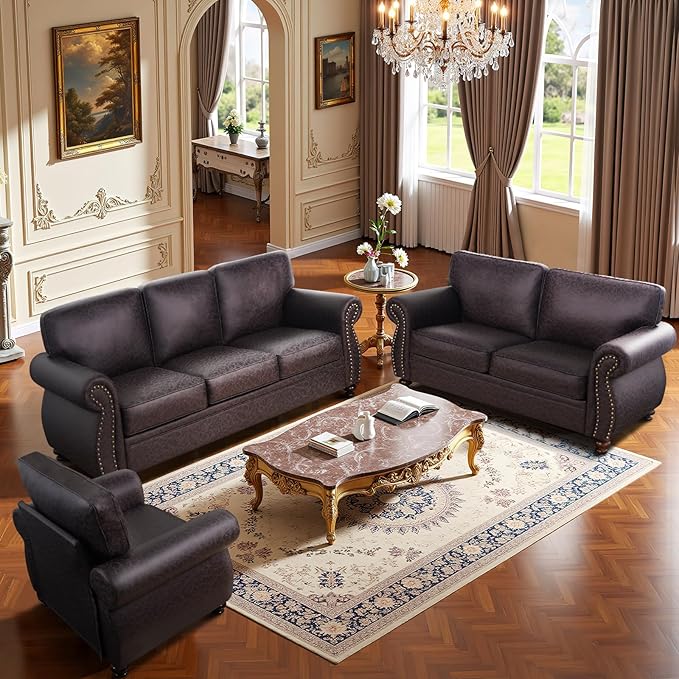 Mid-Century Vintage Sofa Couches with Rivet Design,3-Seater Sofa,Removable Sofa Cover Upholstered Cushions and Solid Wood Frame (Brown, 3-Seater)