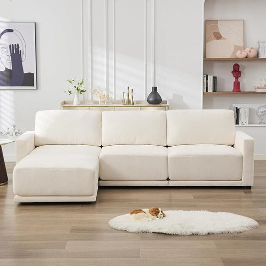 110.6" L-Shaped Modular Sectional Sofa Modern Chenille Comfy Couch with Thickened Seat Cushions, Easy Assembly, Upholstered 4 Seater Couch with Movable Ottoman for Living Room, White