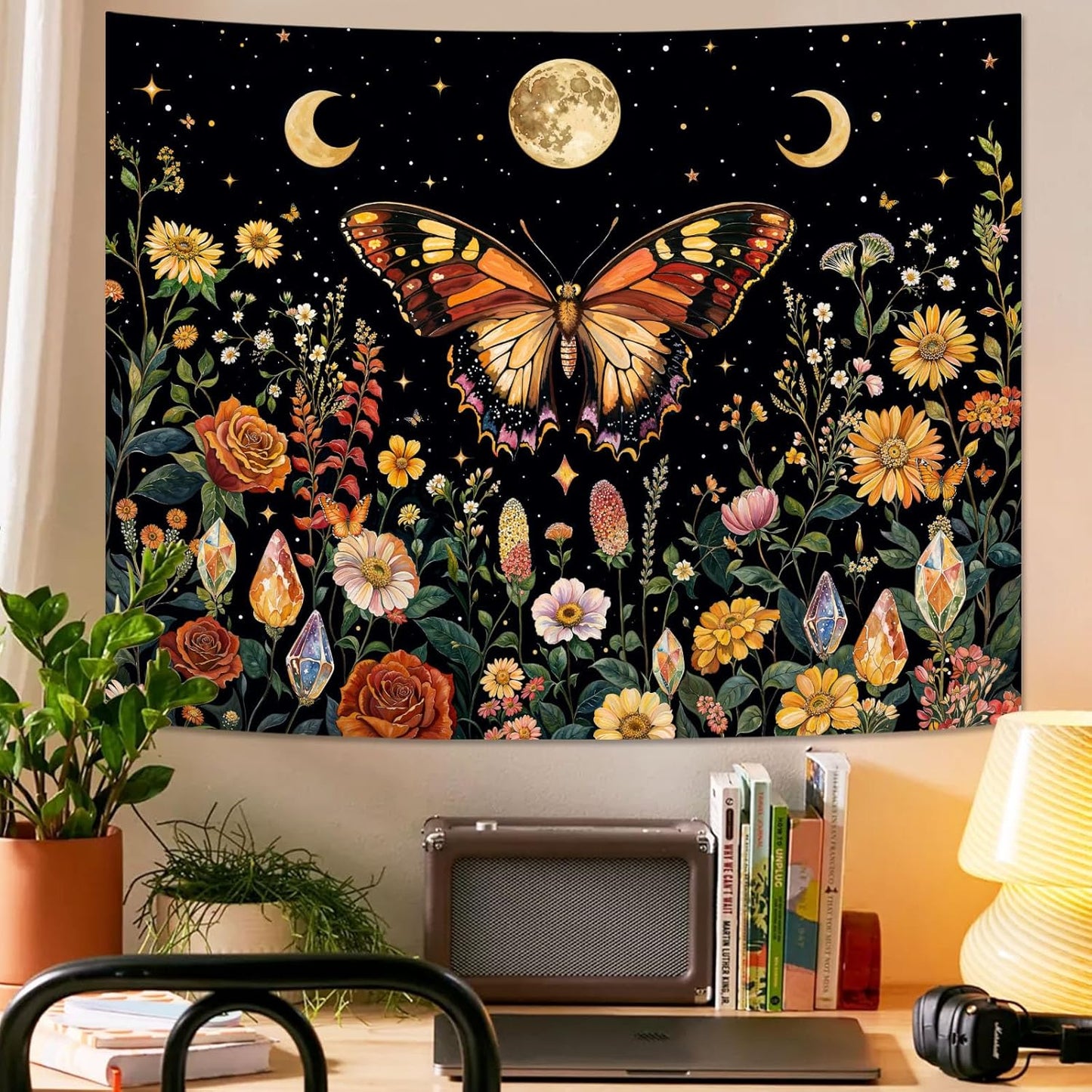Lunerfex Boho Butterfly Tapestry Flower Moon Wall Tapestry, Moon Phases Tapestries for Bedroom Cute Tapestries Wall Hanging for Bedroom Living Room Decor Butterfly-2 70"x90"