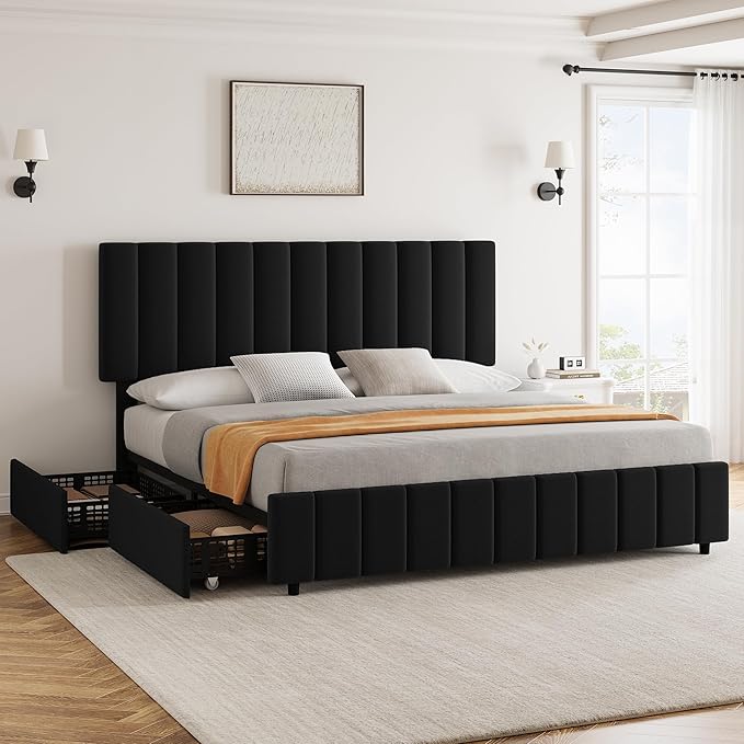 Garvee Queen Size Bed Frame with 4 Storage Drawers, Adjustable Height Headboard, Linen Upholstered Platform Bed Frame, No Box Spring Needed, Easy Assembly, Black